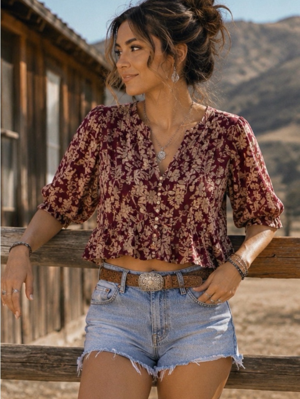 a.n.a Floral Boho 🌺 Peplum Top Lightweight Cotton Linen Feel Cottagecore Western